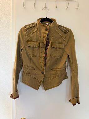 Free People Olive Green Military-Style Embellished Jacket